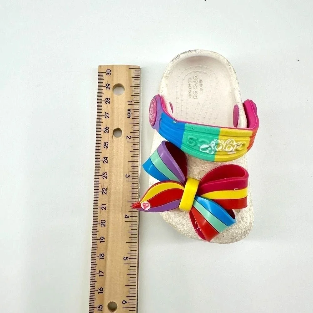 Rainbow Coquette Glitter Crocs‎ Kids Size 4 Bow Slip On Garden Shoes